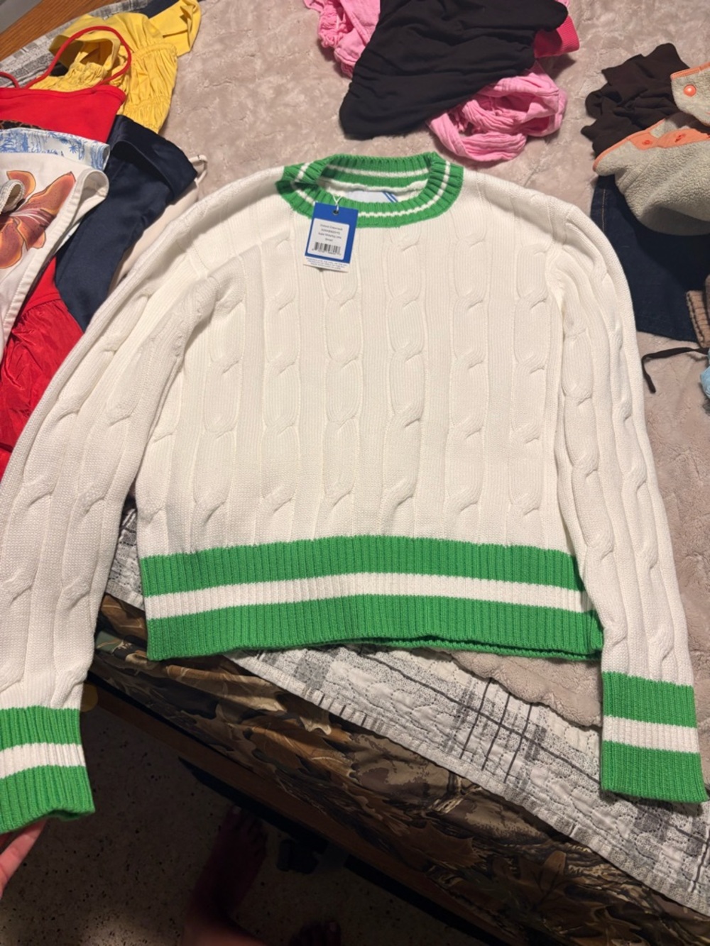 Addison Bay White Cable Knit Crewneck Sweater with Green Trim